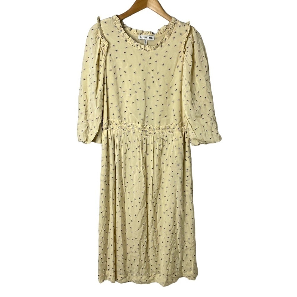 Munthe Curtis Floral Midi Dress Cream Size 38 Back Cutout Ruffle Trim - Picture 3 of 13